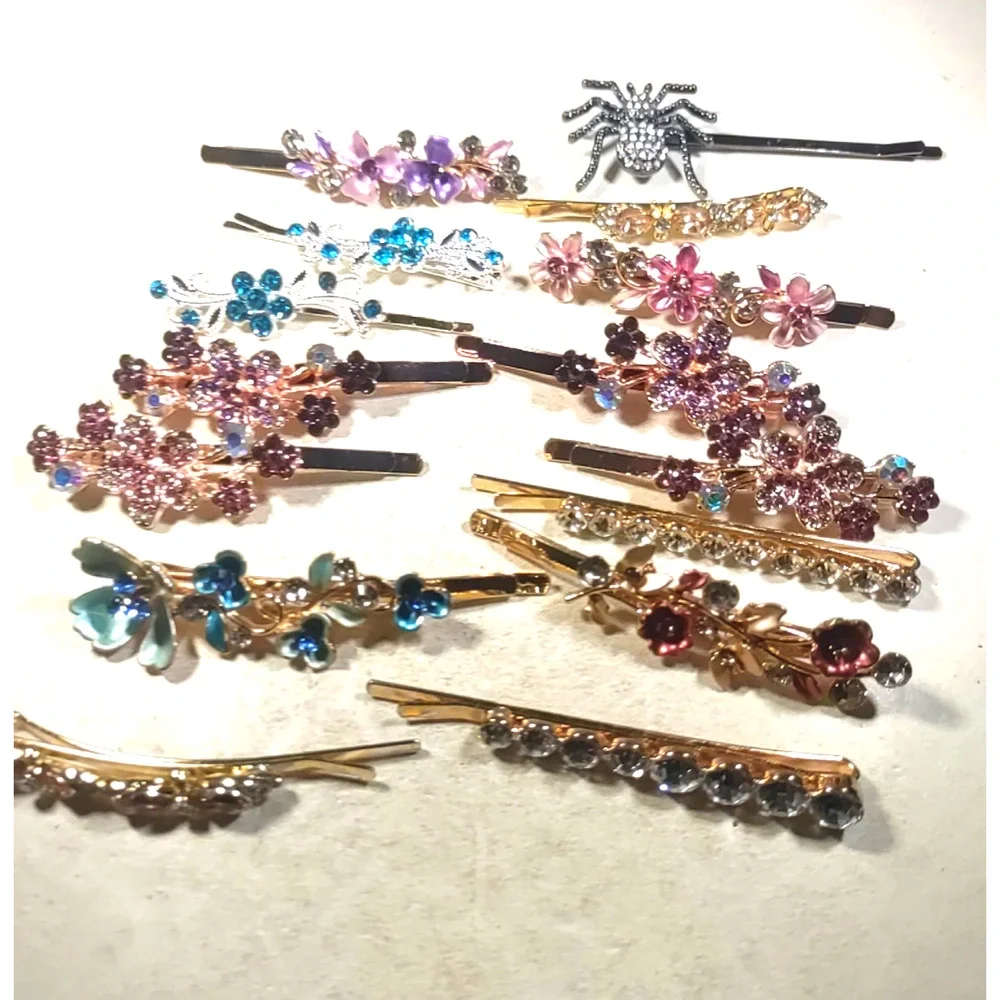 Lot Of 15 Fancy Bobby Pin Hair Barrettes Colorful Rhinestone